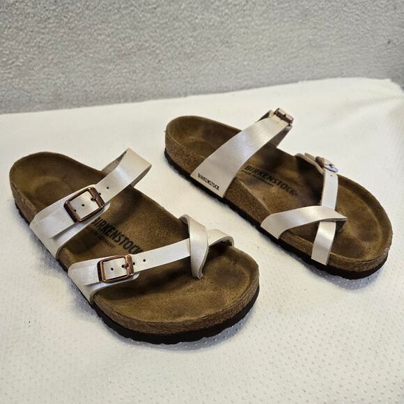 Birkenstock Mayari Birko-Flor Sandals Womens 8-8.5 White Strap Mens 6-6.5 EU 39 - Picture 1 of 9